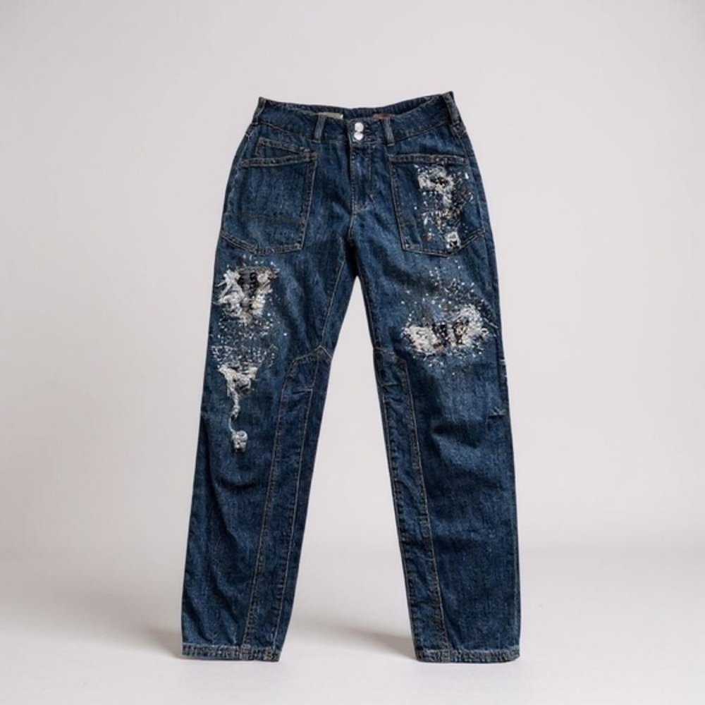Pilcro Barrel Leg Mid Rise Sequins Patched Jeans